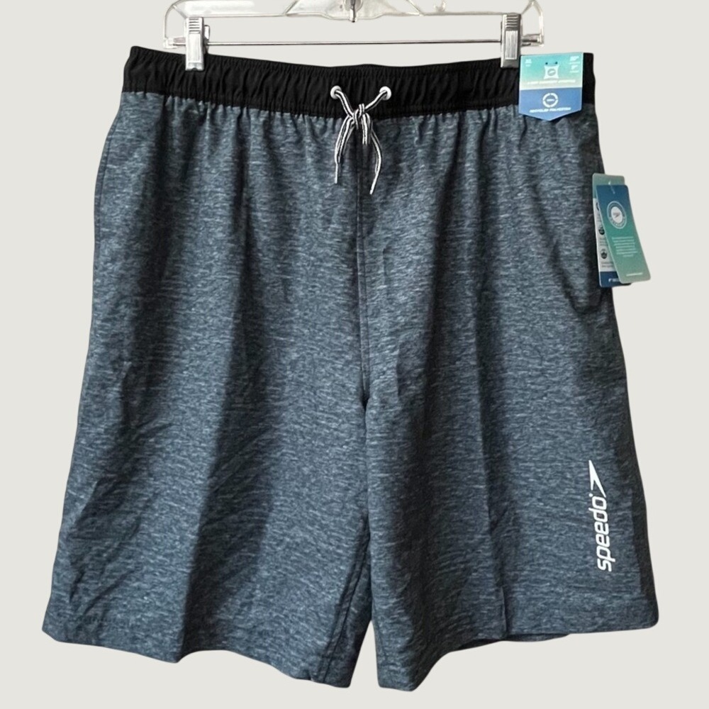 Speedo Mens XL 9 Inch Swim Trunks Board Shorts Gray Black NWT UPF 50 Stretch